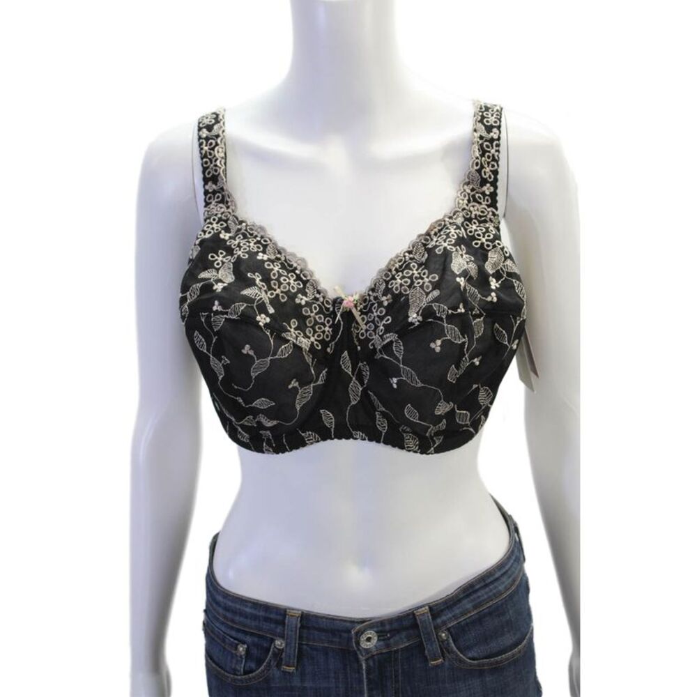Fayreform Womens Embroidered Rose Accent Underwire Bra Black Size UK 36GG